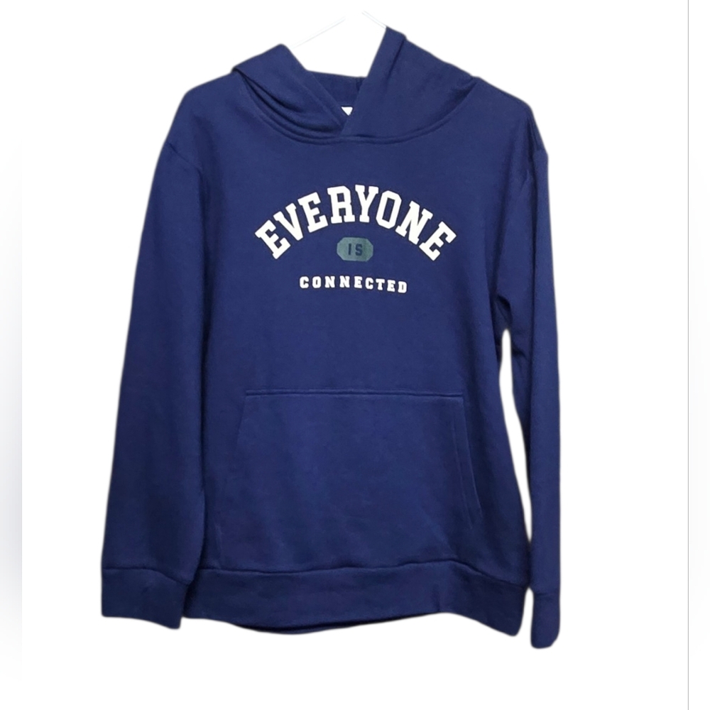 The Commons NEW Hooded "Everyone is Connected" Sweatshirt Sz L Navy Blue 19" PTP